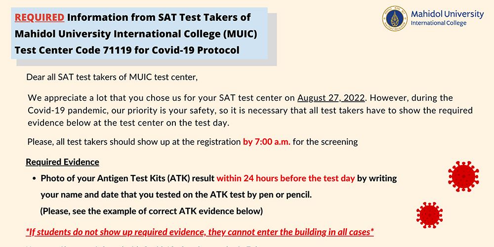 MUIC SAT Test Center’s Covid-19 Prevention Protocol on August 27, 2022
